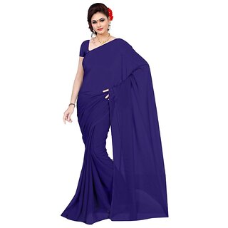                       Amazify Women's Georgette Plain Saree With Blouse (Navy Blue, 5-6 Mtrs)                                              