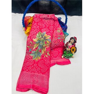                       Amazify Women's Viscose Rayon Printed Saree With Unstitched Blouse (Pink)                                              