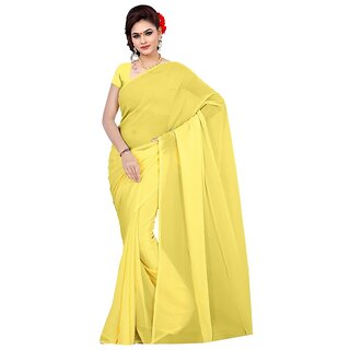 Amazify Women's Georgette Plain Saree With Blouse (Lemon Yellow, 5-6 Mtrs) Amazify Women's Georgette Plain Saree With Blouse (Lemon Yellow, 5-6 Mtrs)