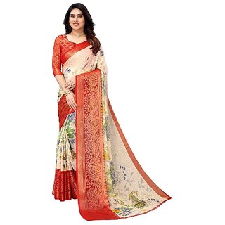                       Amazify Women's Viscose Rayon Printed Saree With Unstitched Blouse (Red)                                              