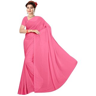                       Amazify Women's Georgette Plain Saree With Blouse (Pink, 5-6 Mtrs)                                              