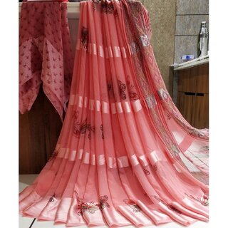                       Amazify Women's Satin Patta Printed Saree With Unstitched Blouse (Pink)                                              