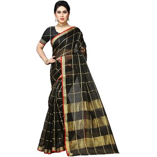                       Amazify Women's Kota Doria Cotton Saree With Blouse (Black,6-3 Mtrs)                                              