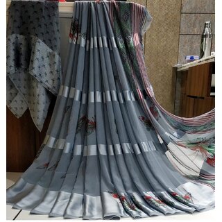                       Amazify Women's Satin Patta Printed Saree With Unstitched Blouse (Grey)                                              