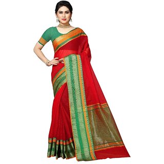 Amazify Women's Kota Doria Cotton Border Saree With Blouse (Red, 5-6 Mtrs) Amazify Women's Kota Doria Cotton Border Saree With Blouse (Red, 5-6 Mtrs)