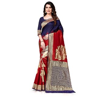                       Amazify Women's Banarasi Silk Saree With Blouse (Navy Blue, Red, 5-6Mtrs)                                              