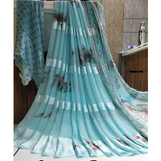                       Amazify Women's Satin Patta Printed Saree With Unstitched Blouse (Skyblue)                                              