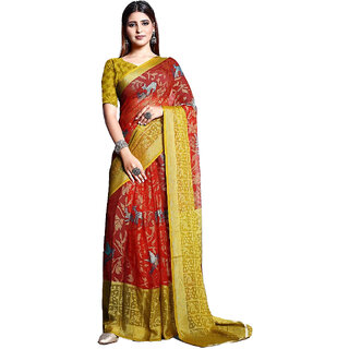                       Amazify Women's Viscose Rayon Printed Saree With Unstitched Blouse (Red)                                              