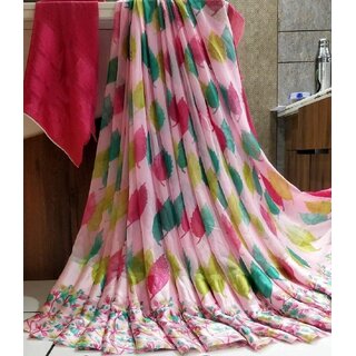                       Amazify Women's Satin Patta Printed Saree With Unstitched Blouse (Pink)                                              