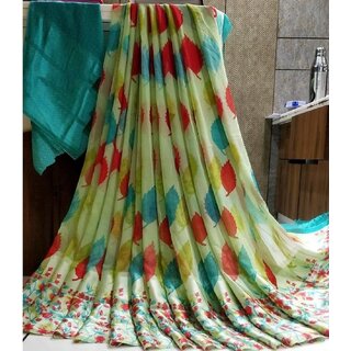                       Amazify Women's Satin Patta Printed Saree With Unstitched Blouse (Green)                                              