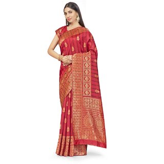                       Amazify Women's Banarasi Silk Saree With Blouse (Peach, 5-6Mtrs)                                              
