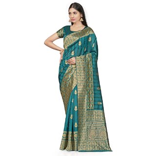                       Amazify Women's Banarasi Silk Saree With Blouse (Peach, 5-6Mtrs)                                              