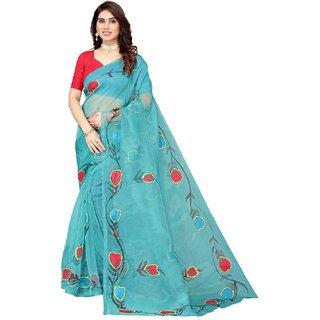                       Amazify Women's Organza Floral Pattern Sarees (Rama, 5-6 Mtrs)                                              