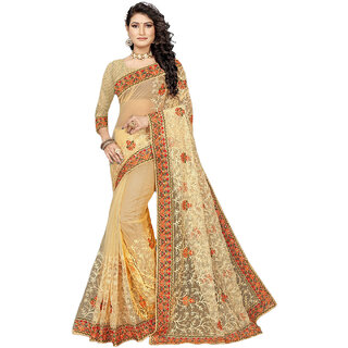                       Amazify Women's Net Saree With Blouse (Chiku, 5-6Mtrs)                                              