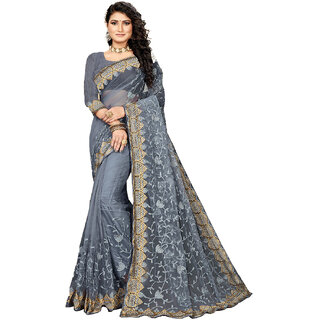                       Amazify Women's Net Saree With Blouse (Grey, 5-6Mtrs)                                              