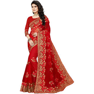                       Amazify Women's Net Saree With Blouse (Red, 5-6Mtrs)                                              