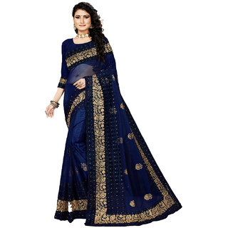                       Amazify Women's Net Saree With Blouse (Navy Blue, 5-6Mtrs)                                              