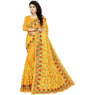                       Amazify Women's Net Saree With Blouse (Yellow, 5-6Mtrs)                                              
