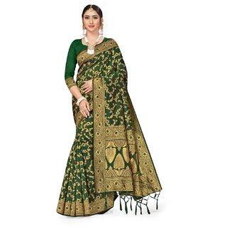                       Amazify Women's Banarasi Silk Saree With Blouse (Green, 5-6Mtrs)                                              