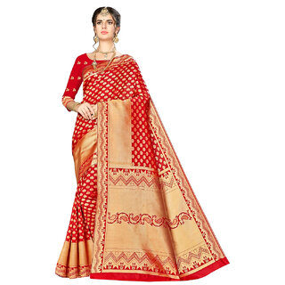                       Amazify Women's Banarasi silk Saree with Blouse (Red, 5-6mtr)                                              