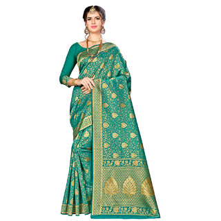                       Amazify Women's Banarasi silk Saree with Blouse (Green, 5-6mtr)                                              