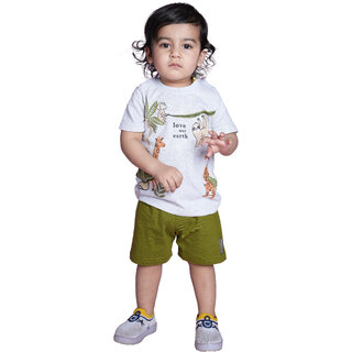                       Kid Kupboard Cotton Baby Boys T-Shirt and Short Set, White/Green, Half-Sleeves, 3-4 Years KIDS7423                                              