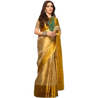                       Nita Ambani Saree Gold  Banarasi Tissue Silk Saree with Zari Weave Pallu  Blouse Included                                              