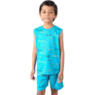 Kid Kupboard Cotton Boys T-Shirt and Short Set, Light Blue, Sleeveless, 7-8 Years KIDS7476