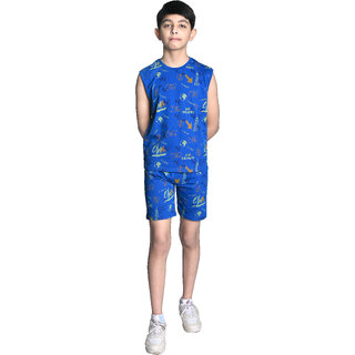 Kid Kupboard Cotton Boys T-Shirt and Short Set, Navy Blue, Sleeveless, 11-12 Years KIDS7479