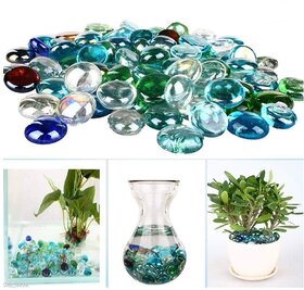 Glass Gem Stone, Flat Round Attractive pebbles for Aquarium Fish Tank. (Approx - 45 Gem stones)