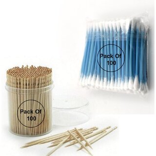 Wooden Toothpicks with Box  Cotton Buds for Ear Cleaning (100 Per Pack) 100 Toothpicks + 100 Cotton Buds Set