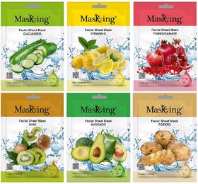 Masking facial sheet mask (Combo of 6 Pack) for Glowing, Oily, Nourishing, Brightening, Regeneration and Calming Face Sheet Mask with Real Extracts ideal for women  Men