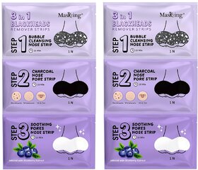 MasKing 3-in-1 Blackheads Remover Nose Strips, Bubble Cleansing, Charcoal Pore, Soothing Blueberry Extract (Pack 2)