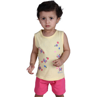                      Kid Kupboard Cotton Baby Girls Top, Light Yellow, Sleeveless, 2-3 Years KIDS7522                                              