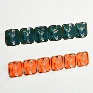 Adhesive Hooks Sticky Hooks,6-Link Traceless Hanging Brackets,Stick on Wall Hooks Bathroom Kitchen Office Outdoors,Hanging Coat Cloth Towel Key Decorations - 2 pc (12 Hook) Multi Color.