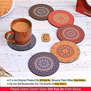                       GIFT KYA DE Round Reversible Wood Coaster Set(Pack of 6)                                              