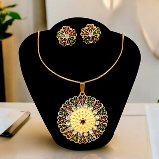 Trendy Gold-Plated Locket Chain Set with Earrings Meenakari Pendant Necklace Trendy Gold-Plated Locket Chain Set with Earrings Meenakari Pendant Necklace