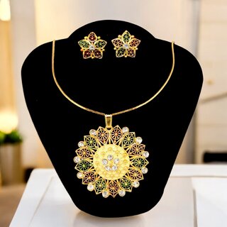 Trendy Gold-Plated Locket Chain Set with Earrings Meenakari Pendant Necklace Trendy Gold-Plated Locket Chain Set with Earrings Meenakari Pendant Necklace
