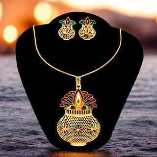 Trendy Gold-Plated Locket Chain Set with Earrings Meenakari Pendant Necklace Trendy Gold-Plated Locket Chain Set with Earrings Meenakari Pendant Necklace