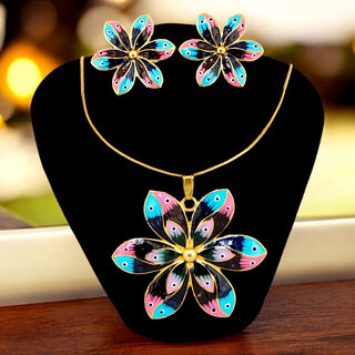 Trendy Gold-Plated Locket Chain Set with Earrings Meenakari Pendant Necklace Trendy Gold-Plated Locket Chain Set with Earrings Meenakari Pendant Necklace