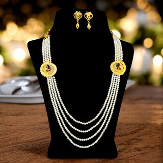 Trendy Four Line White Beaded Necklace with Earrings | Meenakari Peacock Design Layered Necklace Set Trendy Four Line White Beaded Necklace with Earrings | Meenakari Peacock Design Layered Necklace Set