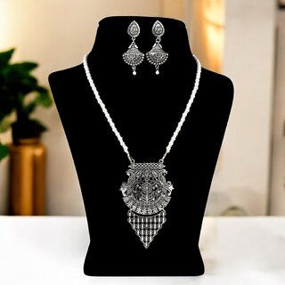                       Trendy Oxidised Plating Locket Chain Set with Earrings | Fashionable Long Pendant Necklace                                              