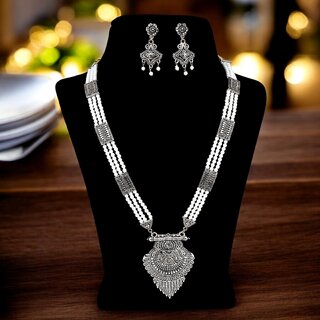 Trendy Oxidised Plating Locket Chain Set with Earrings | Fashionable Long Pendant Necklace Trendy Oxidised Plating Locket Chain Set with Earrings | Fashionable Long Pendant Necklace