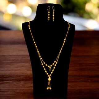                      Trendy Gold-Plated Necklace with Earrings | Fashionable Double Line Tassel Long Pendant Necklace Set                                              