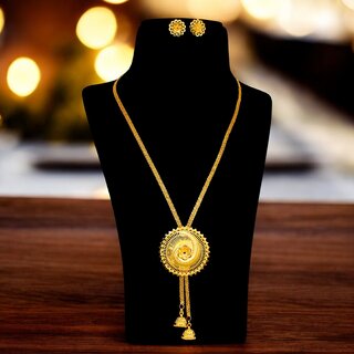 Trendy Gold-Plated Necklace with Earrings | Fashionable Floral Design Long Pendant Necklace Set Trendy Gold-Plated Necklace with Earrings | Fashionable Floral Design Long Pendant Necklace Set