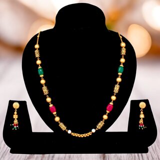 Trendy Gold-Plated Necklace with Earrings | Fashionable Magenta and Green Color Long Necklace Set Trendy Gold-Plated Necklace with Earrings | Fashionable Magenta and Green Color Long Necklace Set