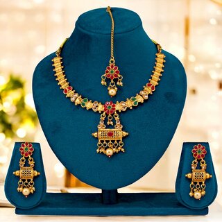 Gold-Plated Necklace Set for Women & Girls | Magenta & Green Designer Jewelry Gold-Plated Necklace Set for Women & Girls | Magenta & Green Designer Jewelry