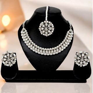 Trendy Silver-Plated Beaded Kundan Stone Necklace Set Designer Fashion Jewelry Set For Women & Girls Trendy Silver-Plated Beaded Kundan Stone Necklace Set Designer Fashion Jewelry Set For Women & Girls