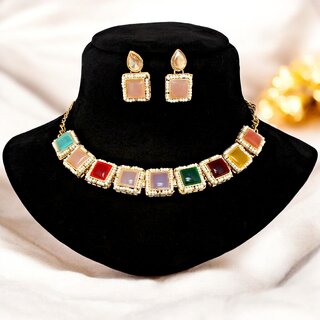 Trendy Gold-Plated Multi-Color Choker Necklace Set with Earrings Designer Fashion Jewelry Set Trendy Gold-Plated Multi-Color Choker Necklace Set with Earrings Designer Fashion Jewelry Set