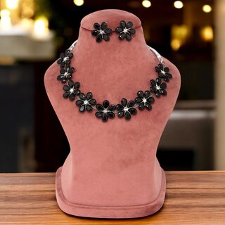 Trendy Unique Oxidised Silver-Plated Floral Choker Necklace with Black Stone & Matching Earrings Trendy Unique Oxidised Silver-Plated Floral Choker Necklace with Black Stone & Matching Earrings
